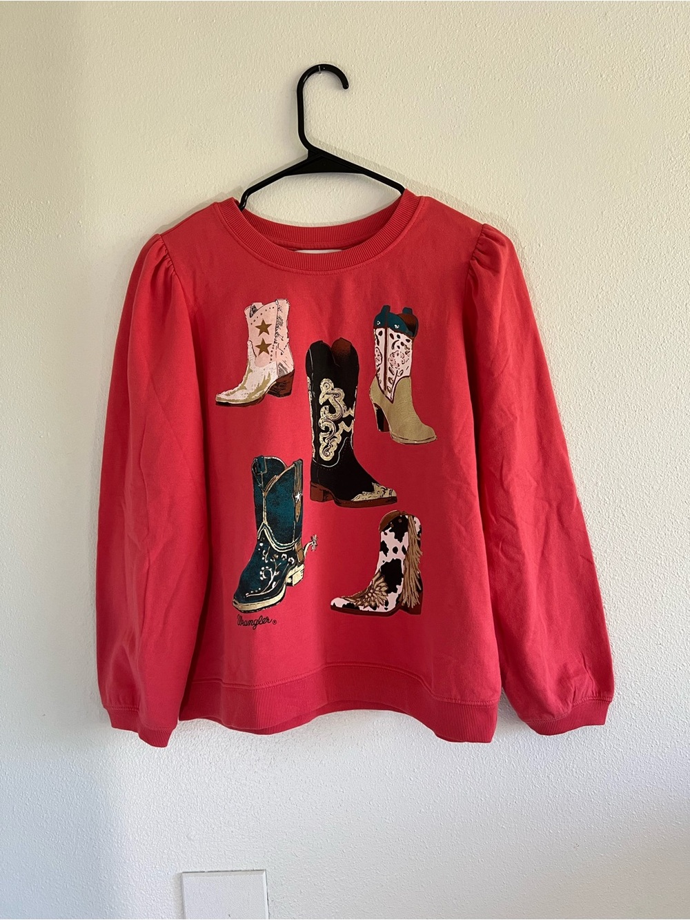Wrangler Red Crewneck Sweatshirt with Multi-Color Cowboy Boot Graphics